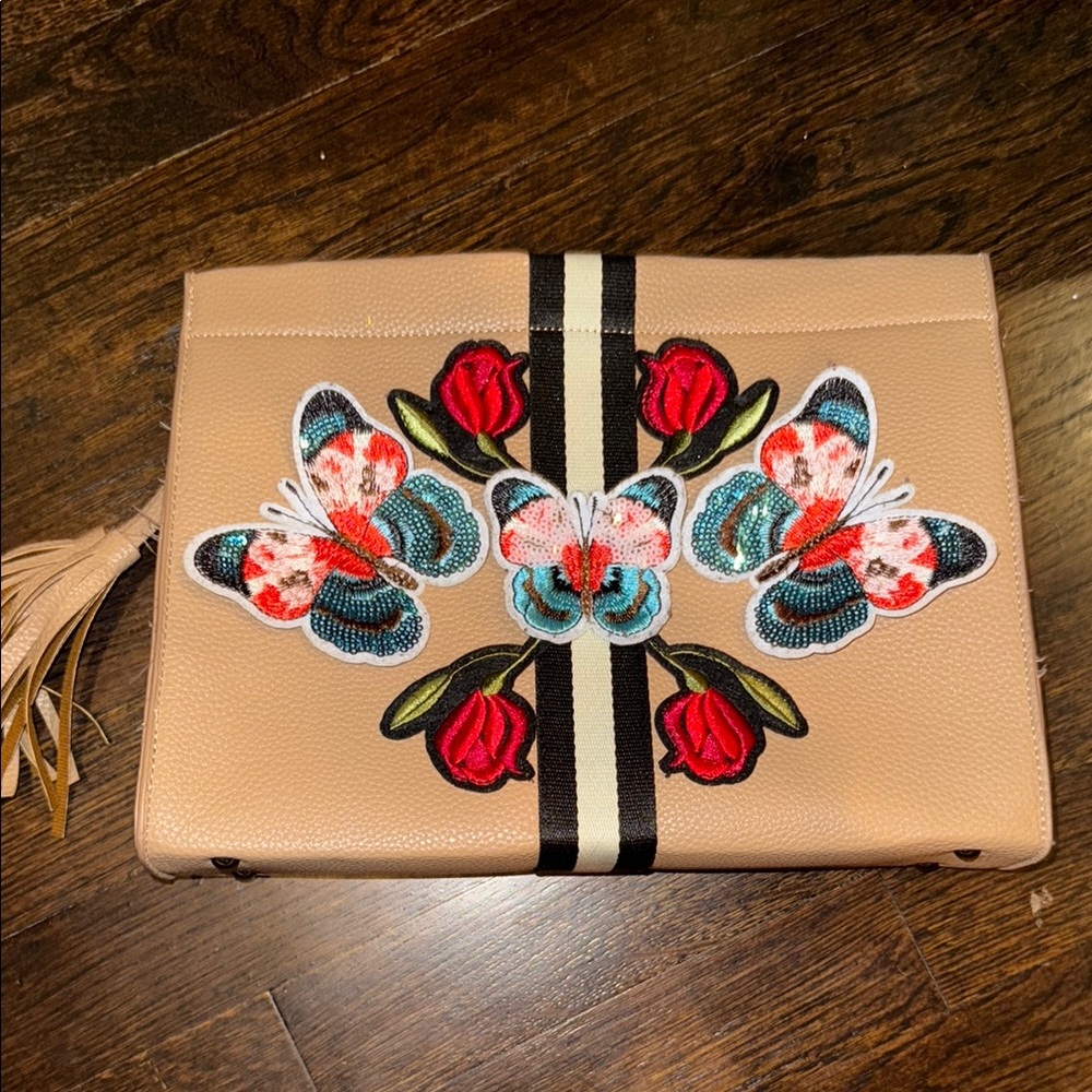 Tan Clutch with Butterfly and Rose Embroidery